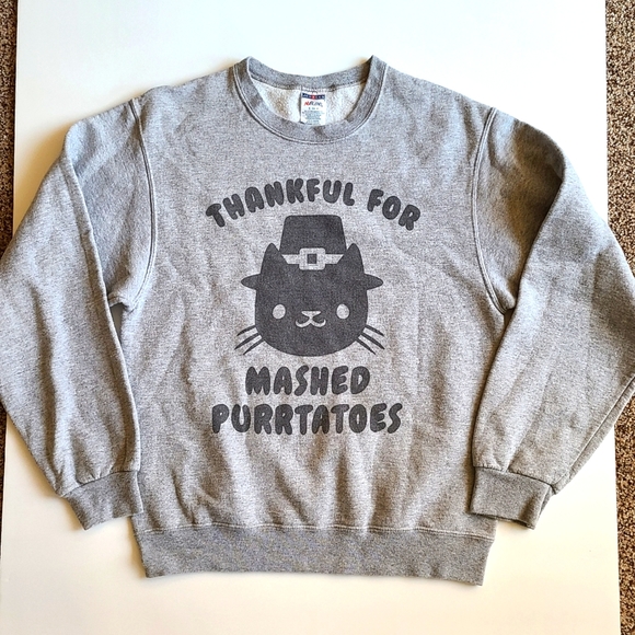 Jerzees Small Gray Black Thankful for mashed purrtatos long sleeve sweatshirt - Picture 2 of 3
